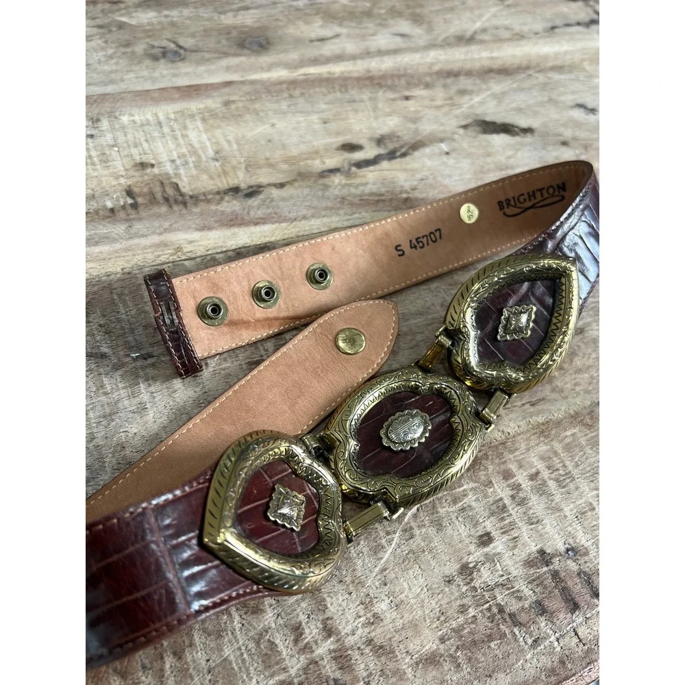 Brighton Vintage Brown Croc Embossed Leather Belt Ornate Gold Buckle 45707 S